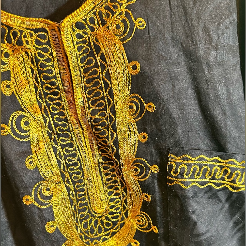 Men's Traditional African Dashiki Top Shirt and Kufi Hat Set Large Black Gold - Picture 9 of 14